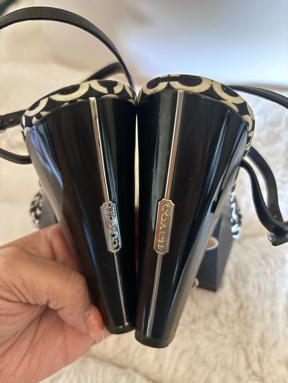 Coach Black and White T-Strap Logo Bow Sandals - Picture 2 of 3